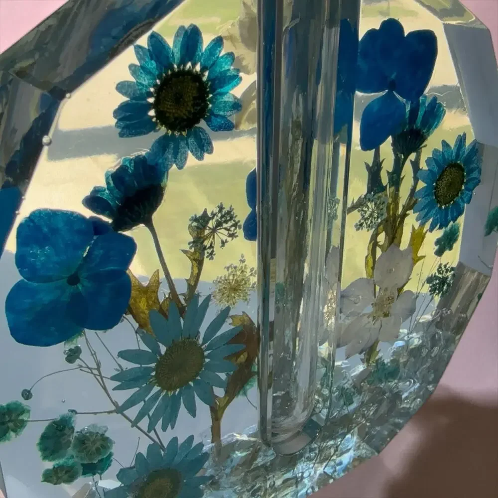 Forever Bloom Blue Meadow Bud Vase Real Pressed Flowers in Crystal Clear Resin